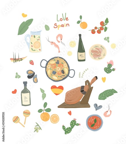 Big spanish set. Traditional spanish dishes and products. Hand-drawn elements of the kingdom of spain.