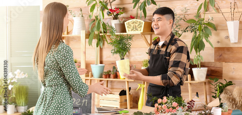 Young woman buying plant in...
