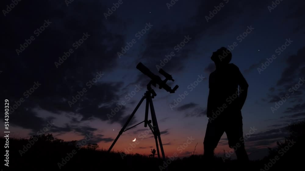 Silhouette of a man, telescope, stars, planets and shooting star under the night sky. Silhouette of a man, telescope, stars, planets and shooting star under the night sky.