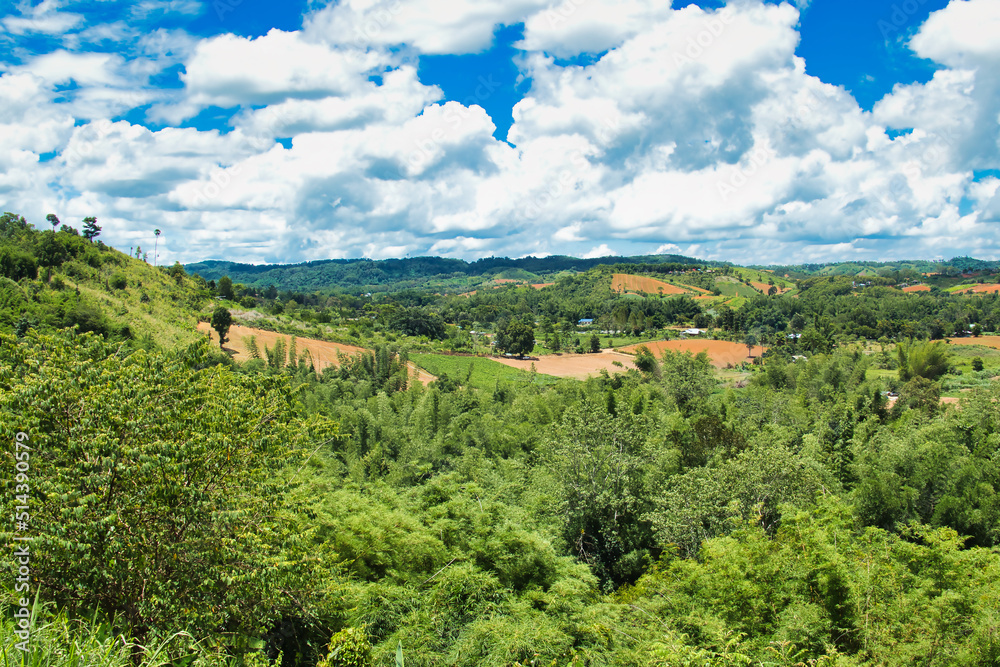 The green, fertile hill country with fields and forests of Khao Khao, province of Phetchabun, Central Thailand, a popular holiday destination for people from Bangkok.