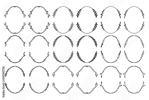 Set of hand drawn oval frames with leaves. Botanical frames for family monograms, invitations, greeting cards.
