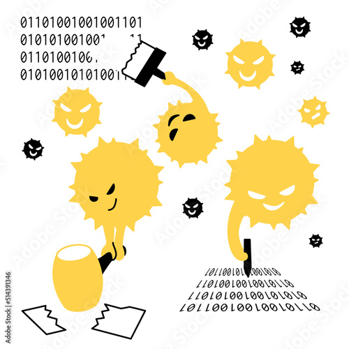 Vector illustration of computer virus. They erase, rewrite, and destroy programs.