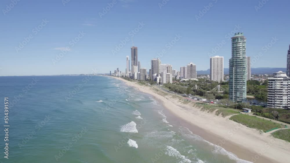 Luxury Hotels And Apartments At The Waterfront Of Surfers Paradise In Gold Coast, Queensland, Australia. Aerial Drone Shot Luxury Hotels And Apartments At The Waterfront Of Surfers Paradise In Gold Coast, Queensland, Australia. Aerial Drone Shot