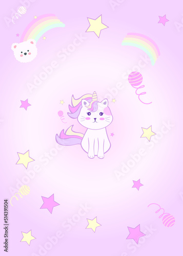 A cat dressed as a unicorn on a light purple background decorated with stars and rainbows.