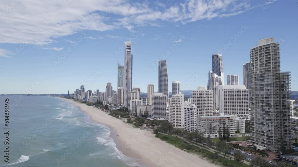 Luxurious Hotels At The Seaside Resort Of Surfers Paradise In Gold Coast, Queensland, Australia. Aerial Drone Shot