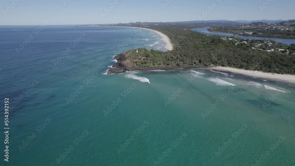 Scenic Ocean And Fingal Headland In New South Wales, Australia - aerial drone shot