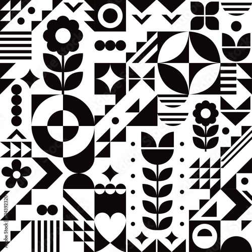 Bauhaus style cool geometric vector seamless pattern in black and white with flowers, abstract modern design perfect for wallpaper or textile, fabric print 