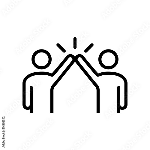 Logo give five. Icono con silueta de dos hombres con gesto de mano en alto. Vector con líneas en color negro