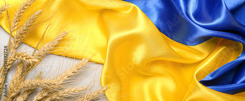 Wheat spikelets and Ukrainian flag on light background, closeup photo