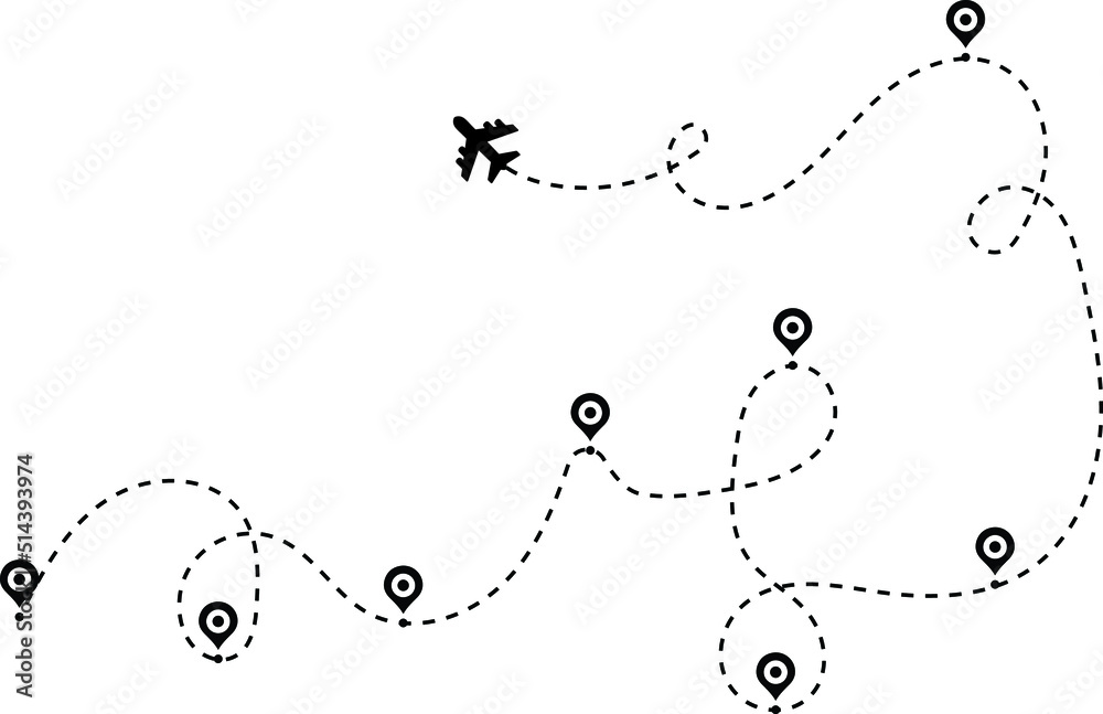 Airplane path in a dotted line shape. Airplane line routes set. Aircraft tracking. location pins isolated on white background