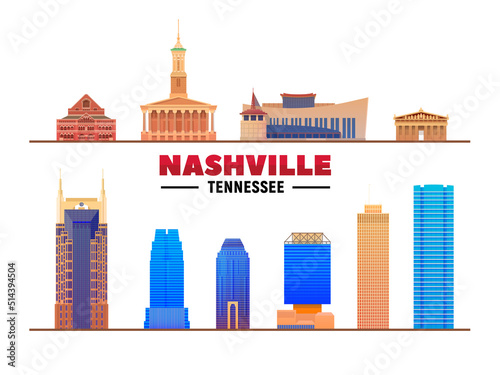 Nashville Tennessee most famous landmarks on white background. Vector Illustration. Business travel and tourism concept with modern buildings. Image for banner or web site.