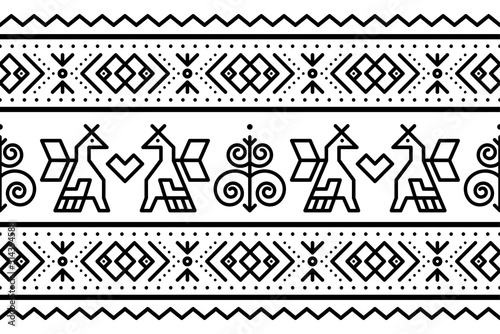 Slovak tribal folk art vector seamless geometric pattern with brids and swirls - long horizontal deisgn inspired by traditional painted art from village Cicmany in Zilina region, Slovakia
