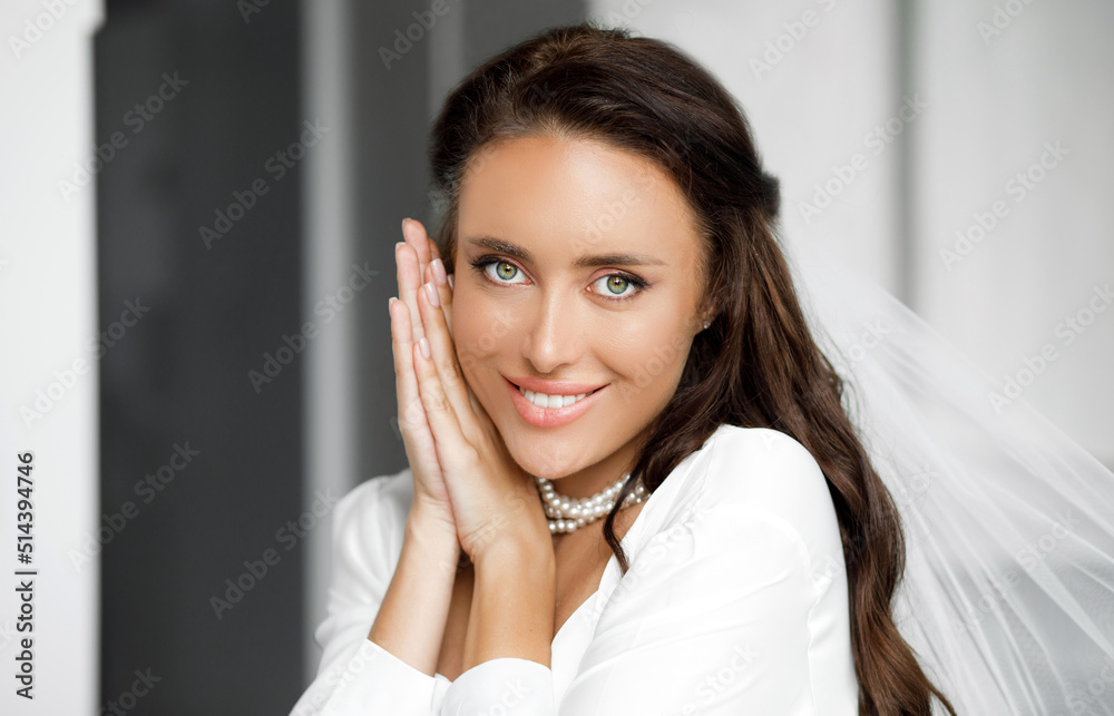 Gorgeous young bride portrait. Beautiful bride with wedding makeup. Morning of beautiful bride. Gorgeous young bride portrait. Beautiful bride with wedding makeup. Morning of beautiful bride.