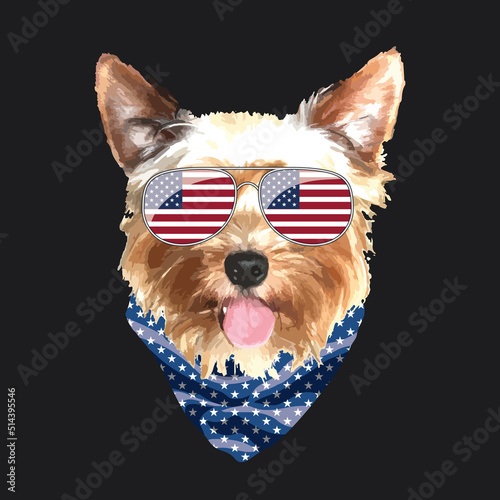 Yorkshire Terrier portrait, Cute cool dog in USA flag glasses and bandana, Vector illustration