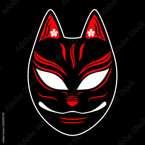 Kitsune fox mask japanese style tattoo sticker flat vector black red icon design.