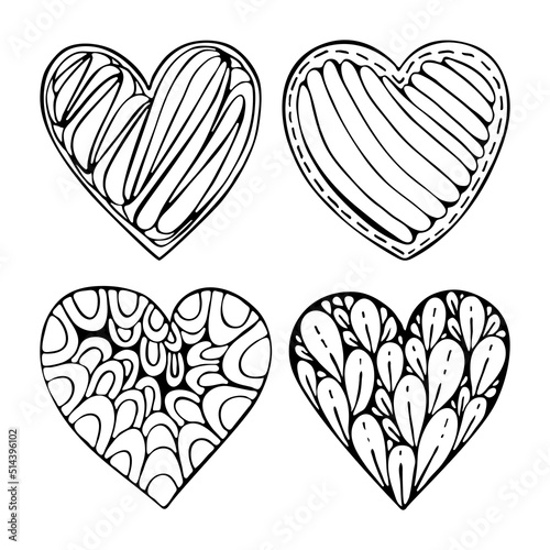 Set hearts doodle line art. Romantic symbol of love with different patterns. Hand drawn vector graphic black and white illustration.