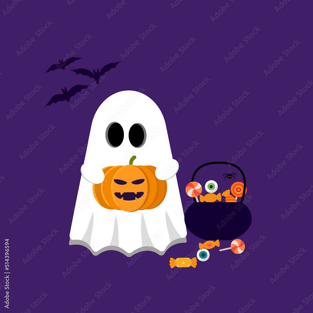 Happy Halloween, cute little ghost cartoon character, scary spooky white ghost holding orange pumpkin with candy in pot, Autumn holiday icon, vector illustration graphics on purple background.