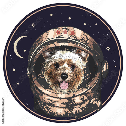 Yorkshire Terrier astrodog portrait. Cute space dog. Vector illustration photo