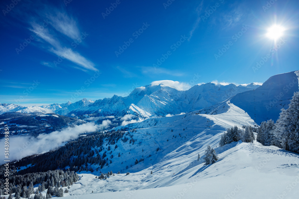 Panorama of French Alps at winter with snow coved mountains