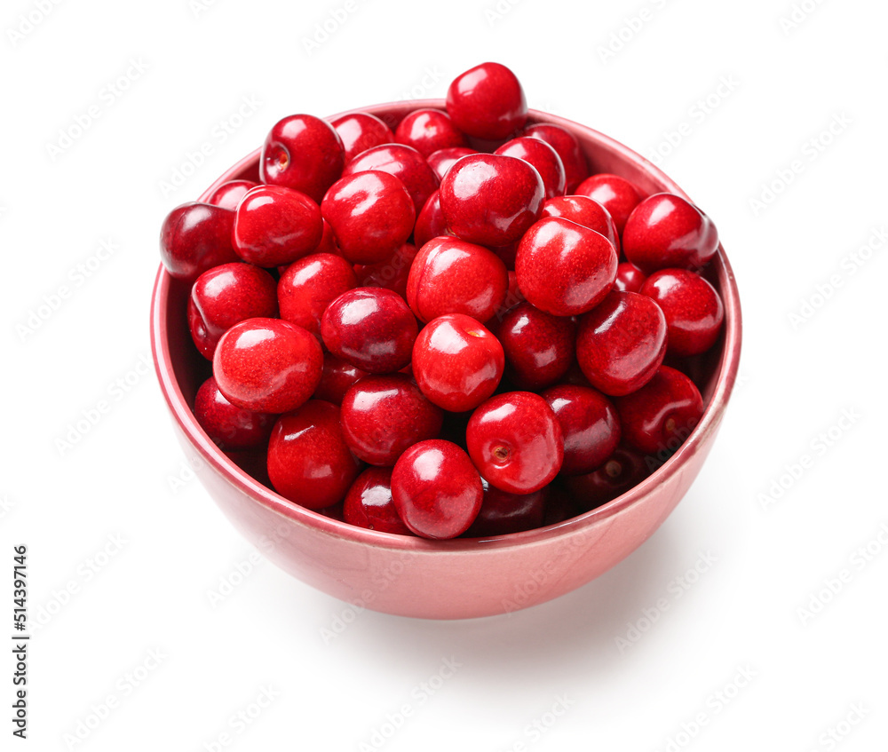Bowl with sweet cherries on white background Bowl with sweet cherries on white background