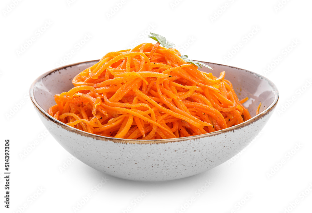 Bowl with tasty korean carrot salad isolated on white background Bowl with tasty korean carrot salad isolated on white background
