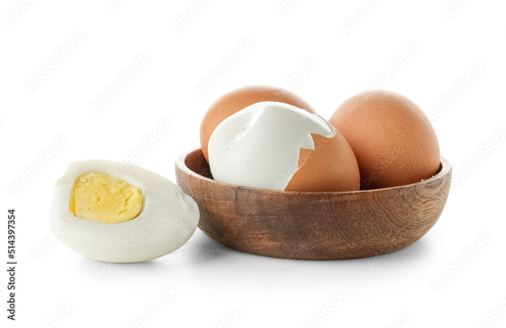 Bowl with boiled chicken eggs on white background Bowl with boiled chicken eggs on white background