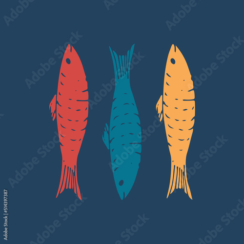 Fish set, Cartoon fish sketch doodle, Vector illustration