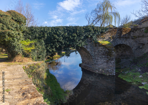 Stone bridge with river crossing and vegetation.Rio de Onor Portugal. photo