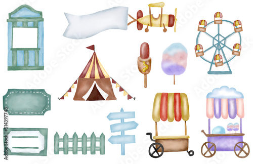 Watercolor painting of carnival fun festival event icons concept of holiday and leisure isolated on white background.