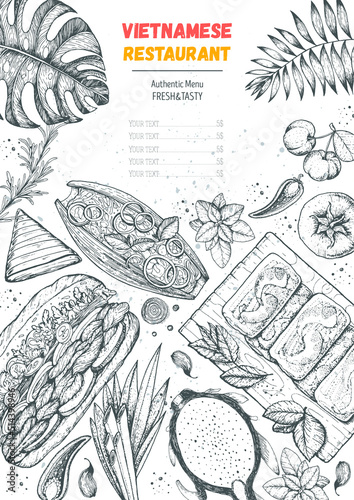 Vietnamese food top view frame. A set of vietnamese dishes . Food menu design template. Hand drawn sketch vector illustration. Engraved style.