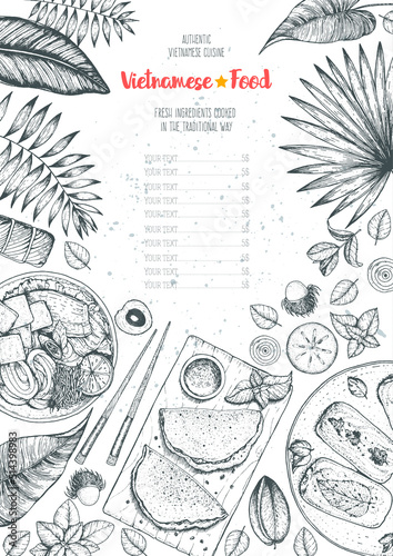 Vietnamese food top view frame. A set of vietnamese dishes . Food menu design template. Hand drawn sketch vector illustration. Engraved style.