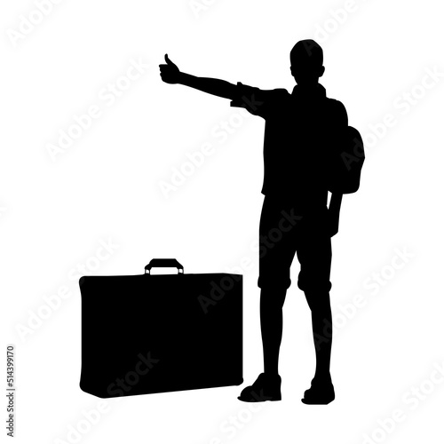 Vector illustration with travel motif ( A silhouette man hitchhiking )