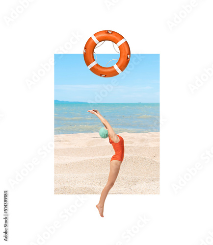Contemporary art collage. Young woman in beautiful swimming suit, lifeguard at the beach with swimming circle. Retro design