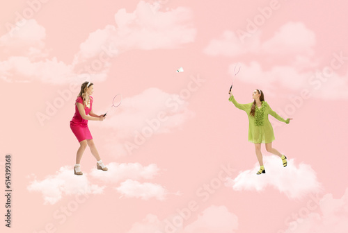Contemporary art collage. Creative colorful design with two stylish girls playing badminton on clouds