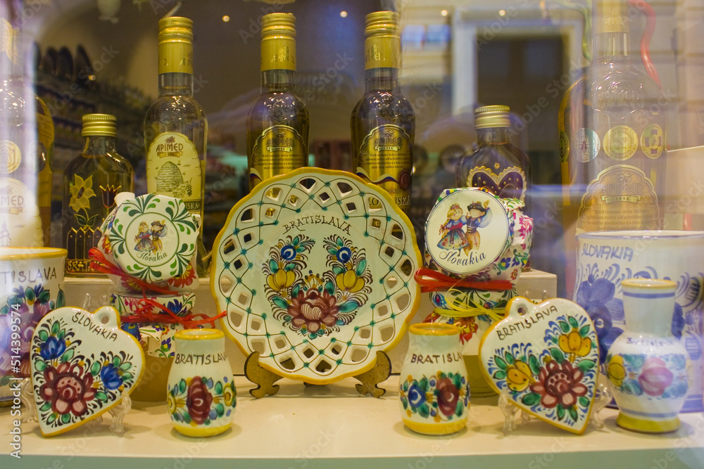 Ceramic souvenirs on the showcase in Bratislava