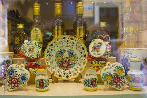 Ceramic souvenirs on the showcase in Bratislava