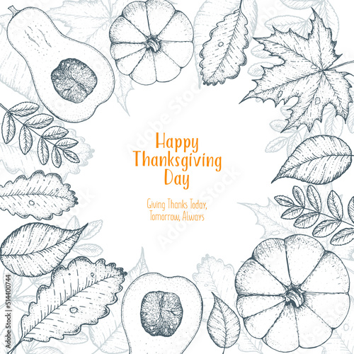 Thanksgiving day vector illustration. Frame with maple and oak leaves, branches and pumpkin.