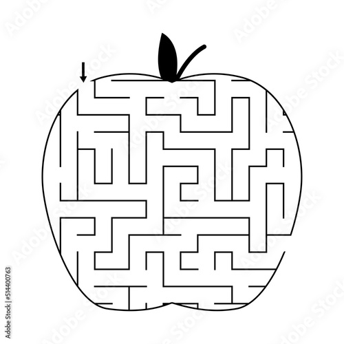 Apple shape maze game. Find a way out of the labyrinth. Educational printable worksheet. Healthy food. Puzzle for kids. Black and white vector illustration.