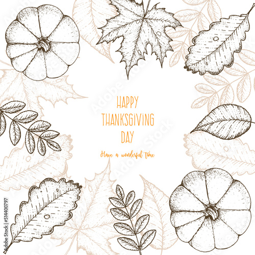 Thanksgiving day vector illustration. Frame with maple and oak leaves, branches and pumpkin.