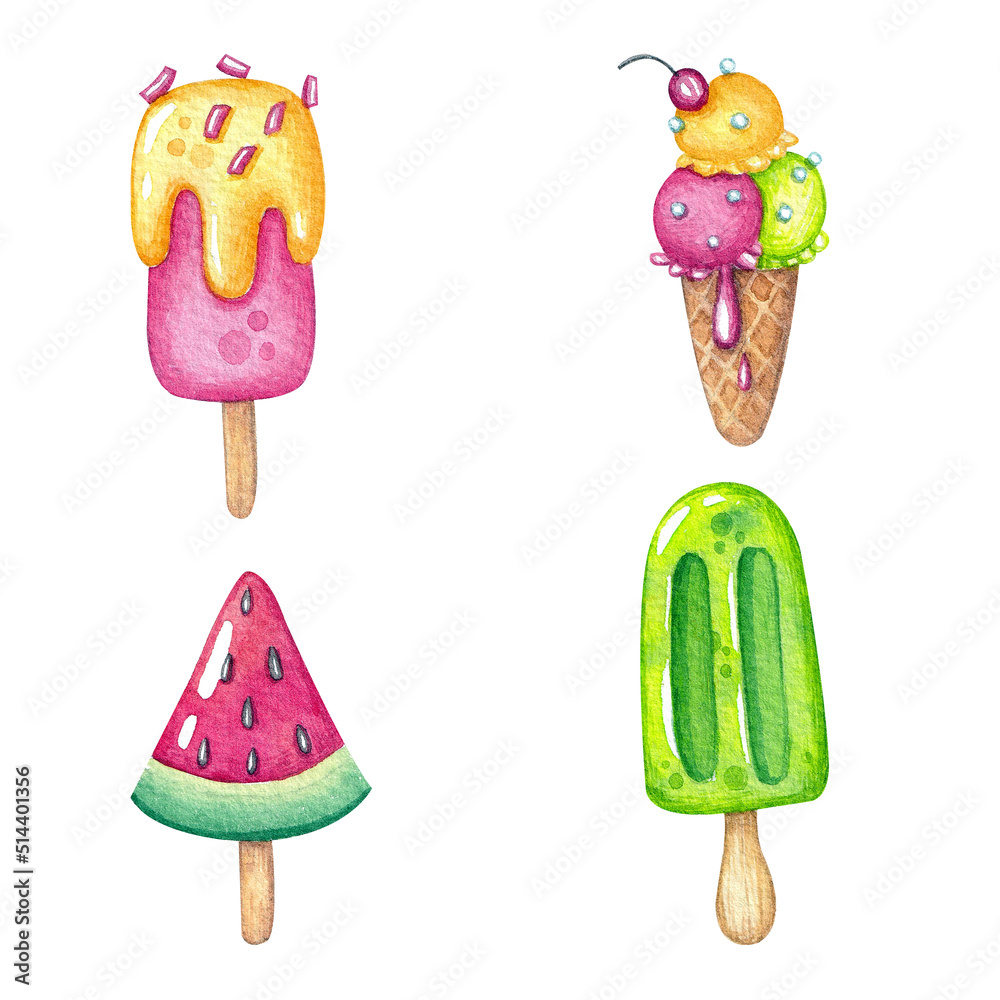 Watercolor set with different ice cream. Delicious illustration. Summer handmade food drawing. Sweet. Dessert. Fresh. Summer time. Heat. Sea. Beach. Cute. Bright. Horn, popsicle and fruit ice. Art. Watercolor set with different ice cream. Delicious illustration. Summer handmade food drawing. Sweet. Dessert. Fresh. Summer time. Heat. Sea. Beach. Cute. Bright. Horn, popsicle and fruit ice. Art.
