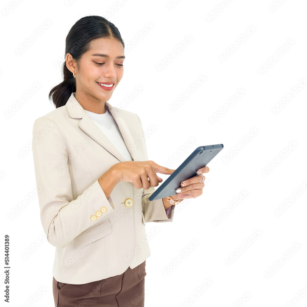 Young asian businesswoman with a smile in a brown suit typing on a tablet computer. Portrait on white background with studio light. Young asian businesswoman with a smile in a brown suit typing on a tablet computer. Portrait on white background with studio light.
