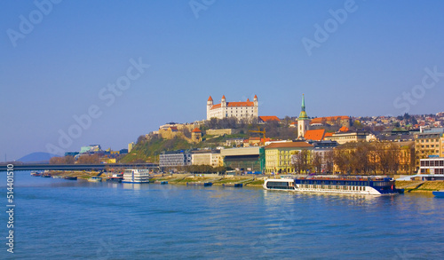 View of Bratislava Castle from old tram bridge, Slovakia #514401510
