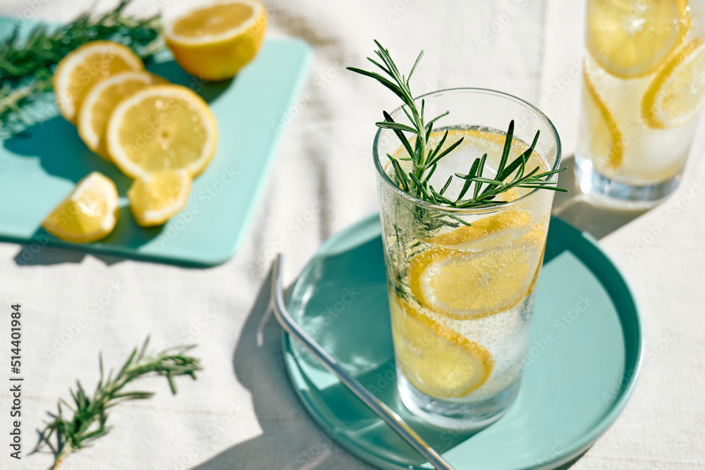 Summer refreshing lemonade drink or alcoholic cocktail with ice, rosemary and lemon slices on the table in the garden. Fresh healthy cold lemon beverage. Water with lemon. - obrazy, fototapety, plakaty 