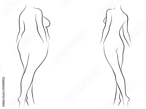 Vector conceptual fat overweight obese female vs slim fit healthy body after weight loss or diet with muscles thin young woman isolated. Fitness, nutrition or fatness obesity, health silhouette shape