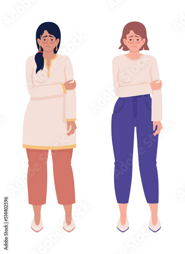 Sad women with mental disorders semi flat color vector characters set. Editable figures. Full body people on white. Simple cartoon style illustrations for web graphic design and animation collection
