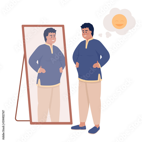 Plump man in Indian clothes near mirror semi flat color vector character. Editable figure. Full body person on white. Self love simple cartoon style illustration for web graphic design and animation