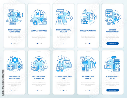 University and college problems blue onboarding mobile app screen set. Walkthrough 5 steps editable graphic instructions with linear concepts. UI, UX, GUI template. Myriad Pro-Bold, Regular fonts used