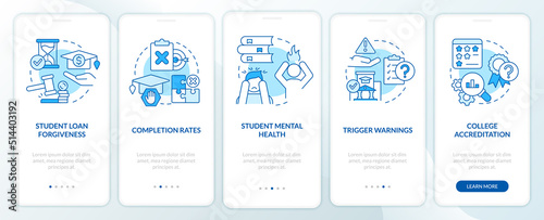 Issues in higher education blue onboarding mobile app screen. Walkthrough 5 steps editable graphic instructions with linear concepts. UI, UX, GUI template. Myriad Pro-Bold, Regular fonts used