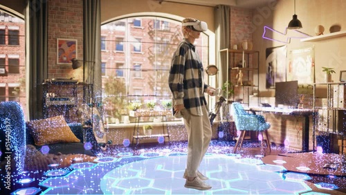 Young Creative Female Putting On a Virtual Reality Headset at Home in Her Living Room. Her Consciousness is Transformed into Futuristic Beautiful Metaverse Internet World with Vivid Digital Avatars.