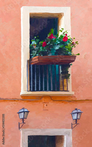 Balcony with flowers on pastel pink wall, Italy, Travel, Vacation, Summer. Street in Rome. Oil painting colorful impressionism. Balconies and the wall pink.